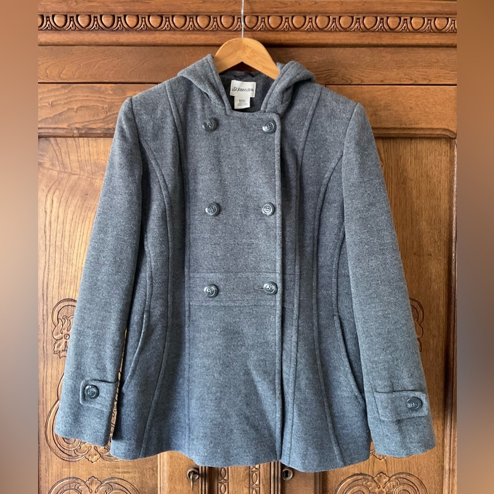 St. John's Bay Women's Gray Wool-Cashmere Blend Double-Breasted Hooded Pea Coat